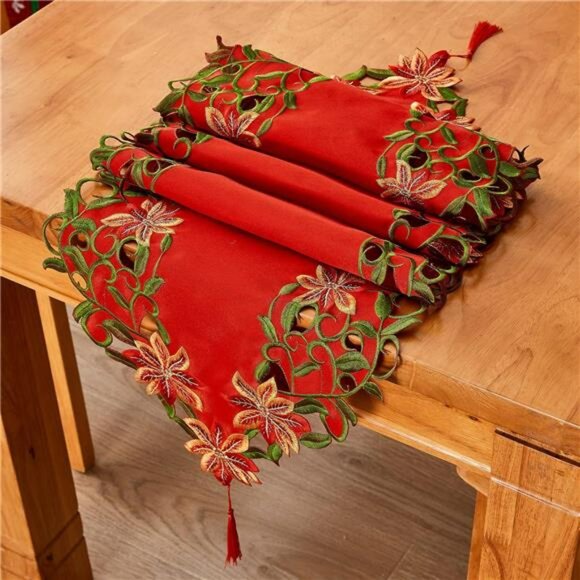 Christmas embroidered table runner red poinsettia green leaves holiday decor 69 - Picture 4 of 8